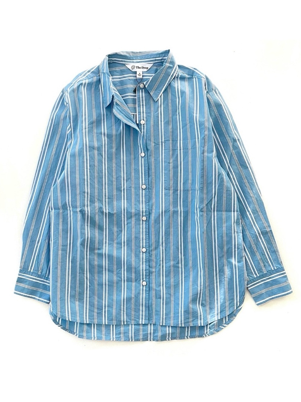 The Drop Kendra Loose Fit Long Shirt in Blue/White Double Stripe Size Medium NWT